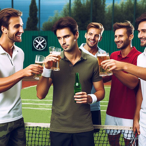 Groep tennissers moedigen andere tennisser aan nog een biertje te nemen.